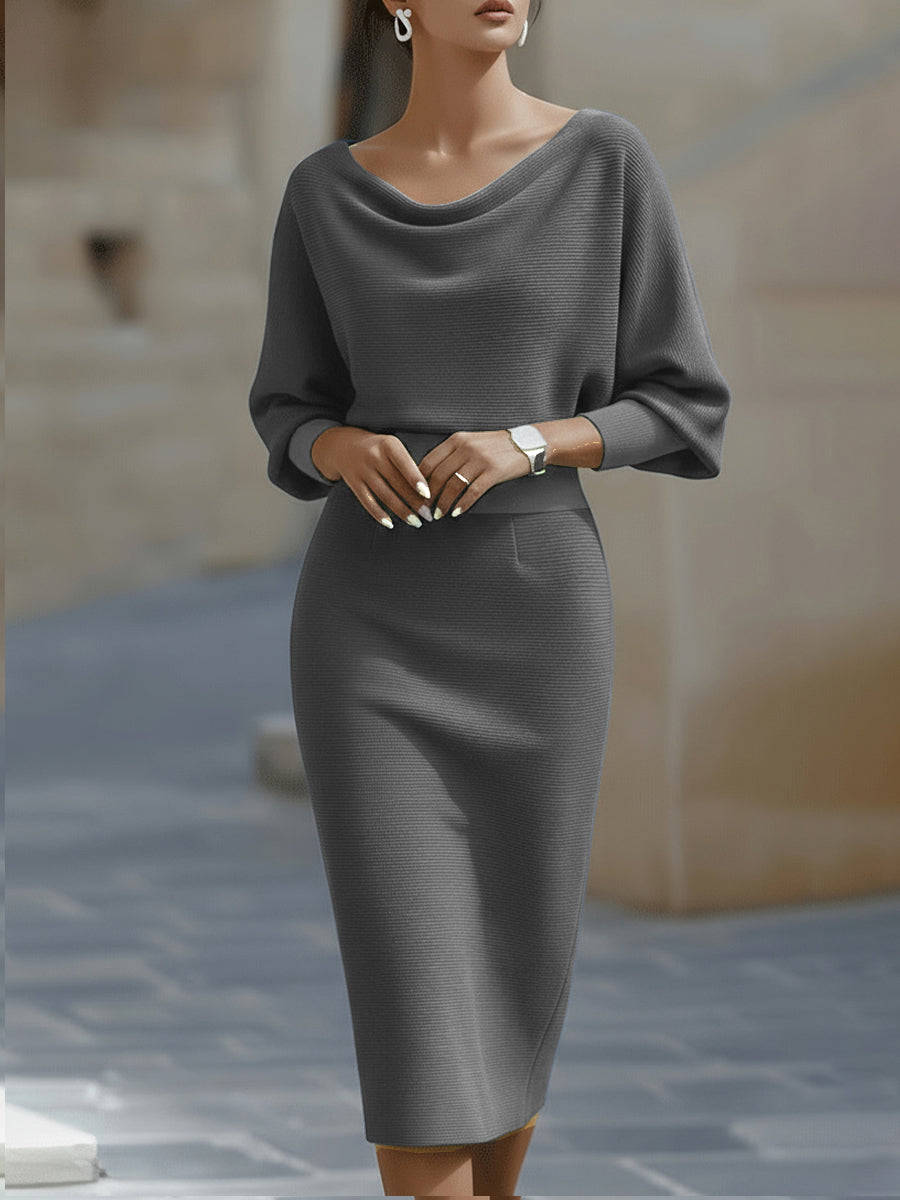 Draped midi knit gown in neutral tone, fluid silhouette with elegant draped neckline for women