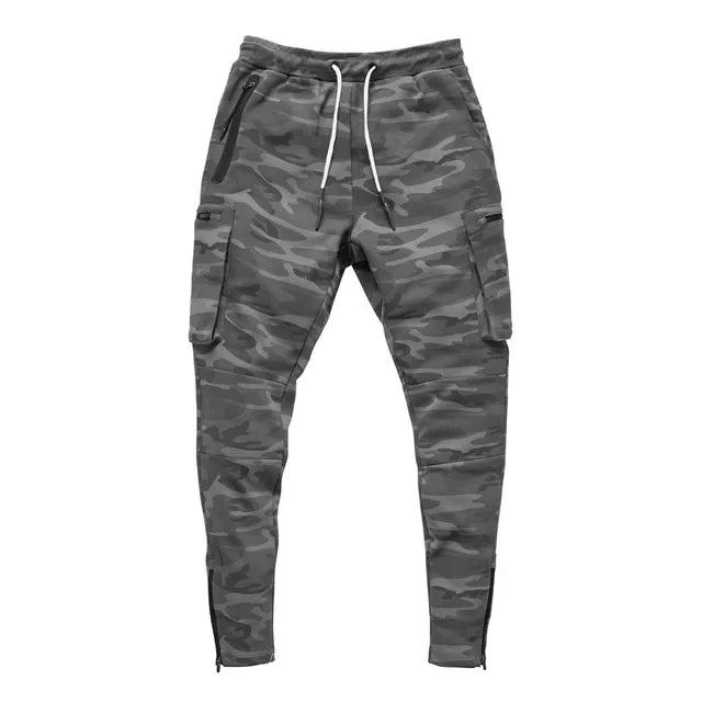 Black tactical cargo joggers with 4-way stretch fabric, zip pockets, and military-inspired slim fit