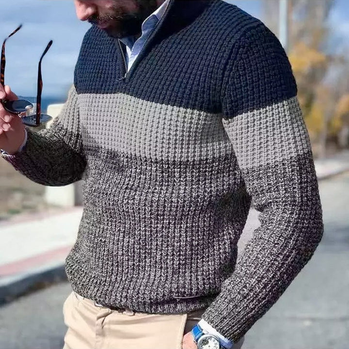 Men's colorblock half-zip sweater in waffle knit texture with three-tone gradient design