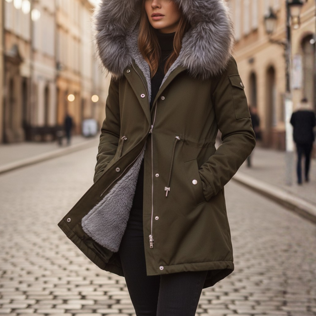 Women's winter parka in neutral tone with faux fur-trimmed hood and warm synthetic insulation