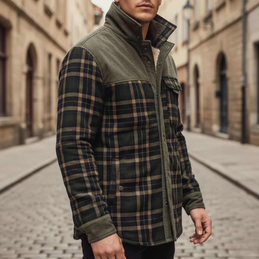 Men's brown flannel jacket fleece-lined warm outerwear relaxed fit for autumn winter