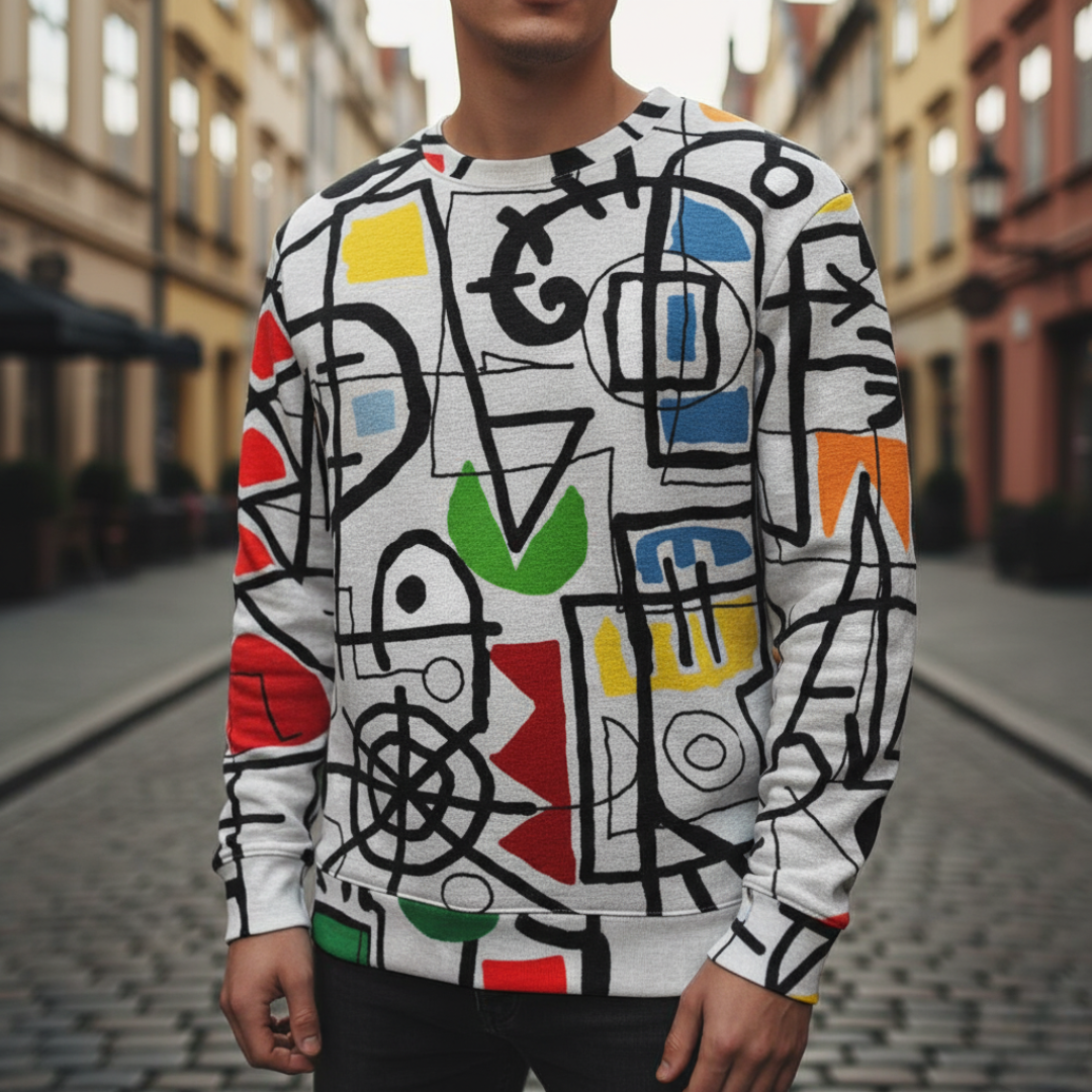 Men's geometric pattern sweater in vibrant multicolor modern fit with bold contemporary design