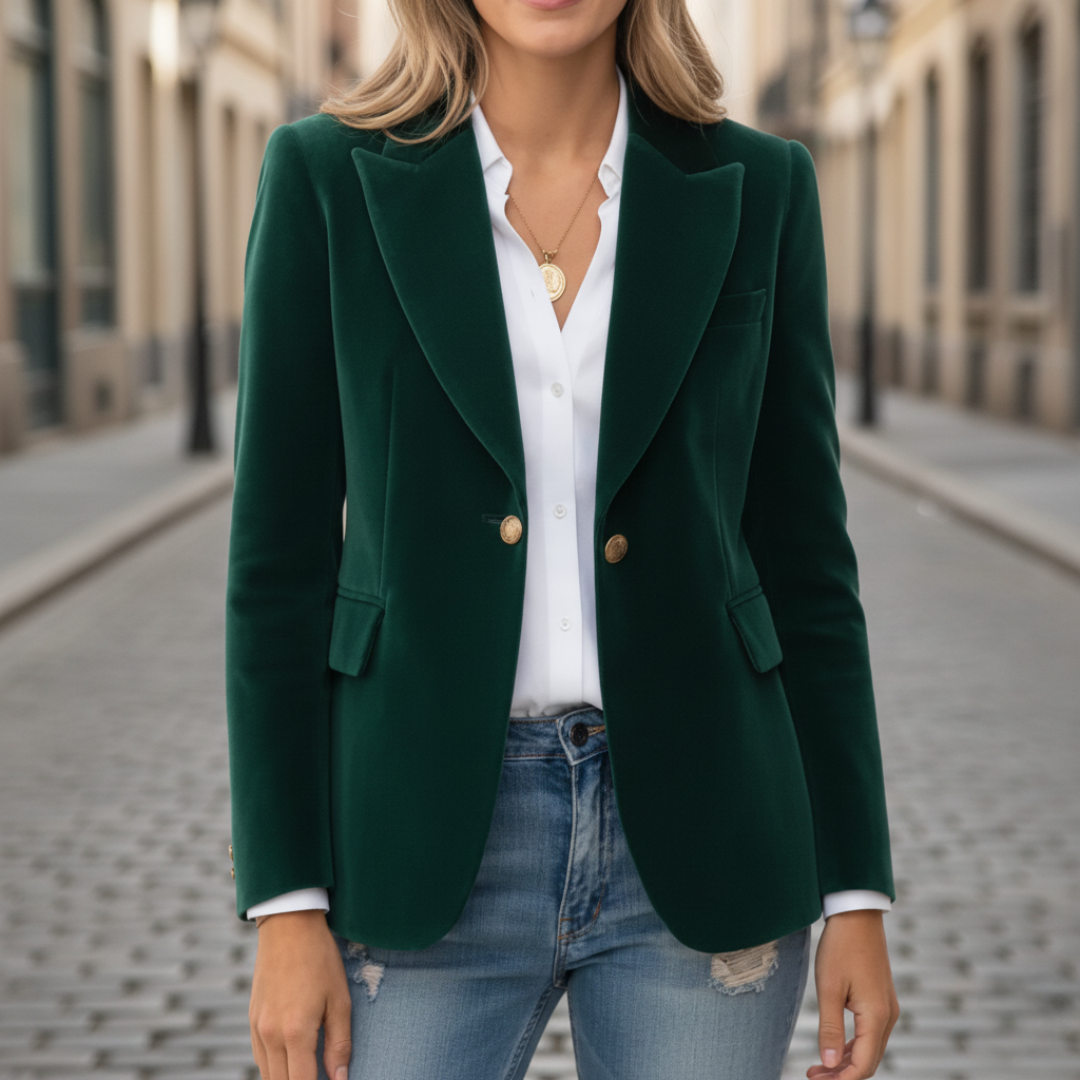 Women's black office blazer elegant fit front button closure flap pockets professional style