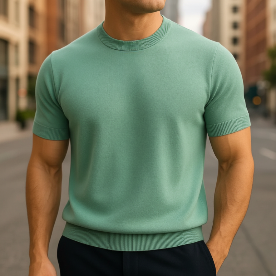 Men's slim fit short sleeve cashmere sweater lightweight breathable knit for warm climates