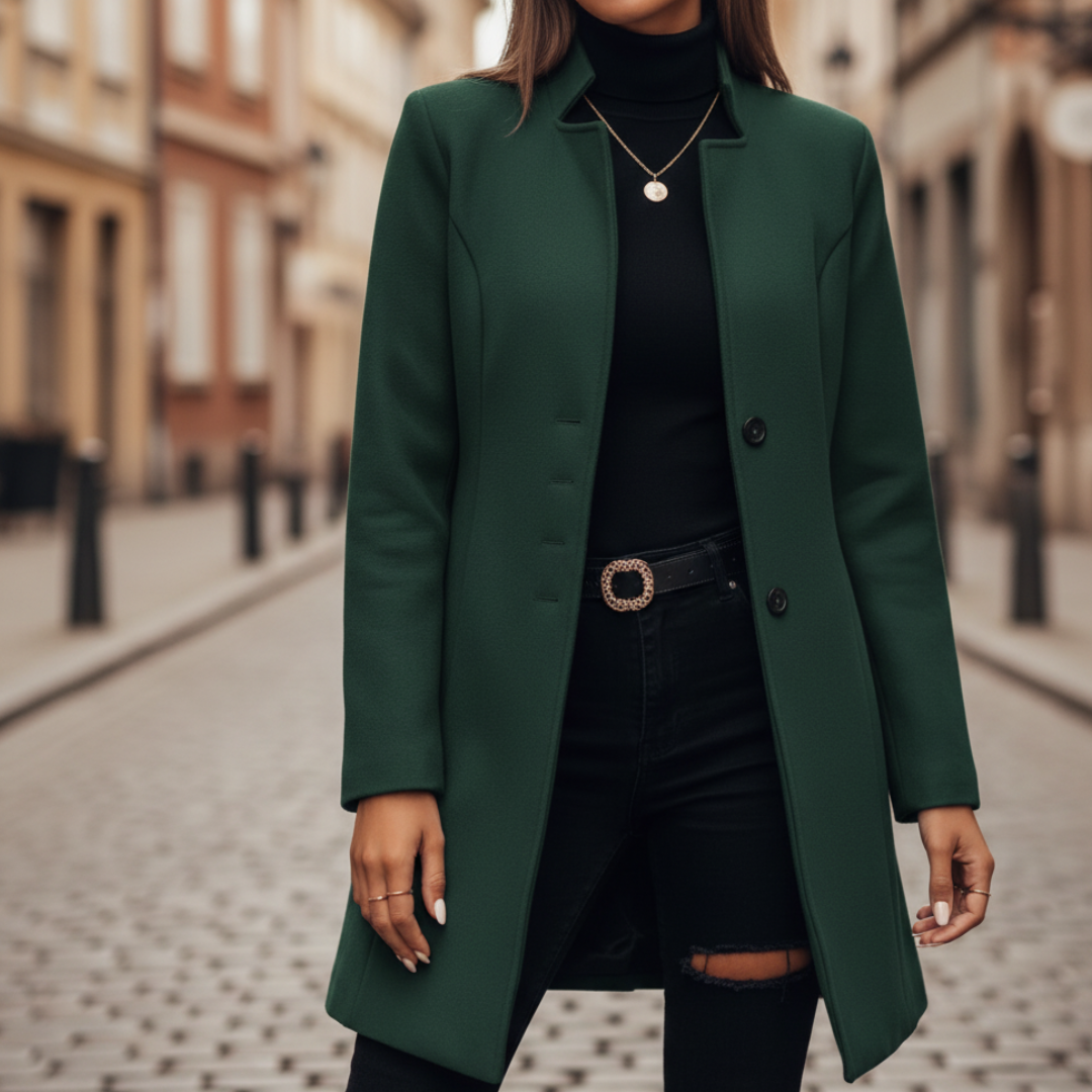 Women's long warm polyester coat black green navy blue classic button closure versatile outerwear