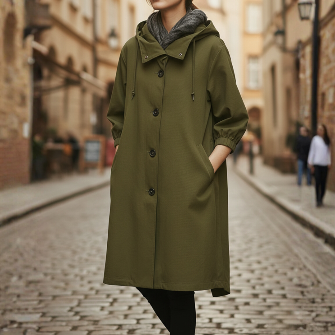 Women's waterproof hooded coat high collar button closure casual all-weather outerwear