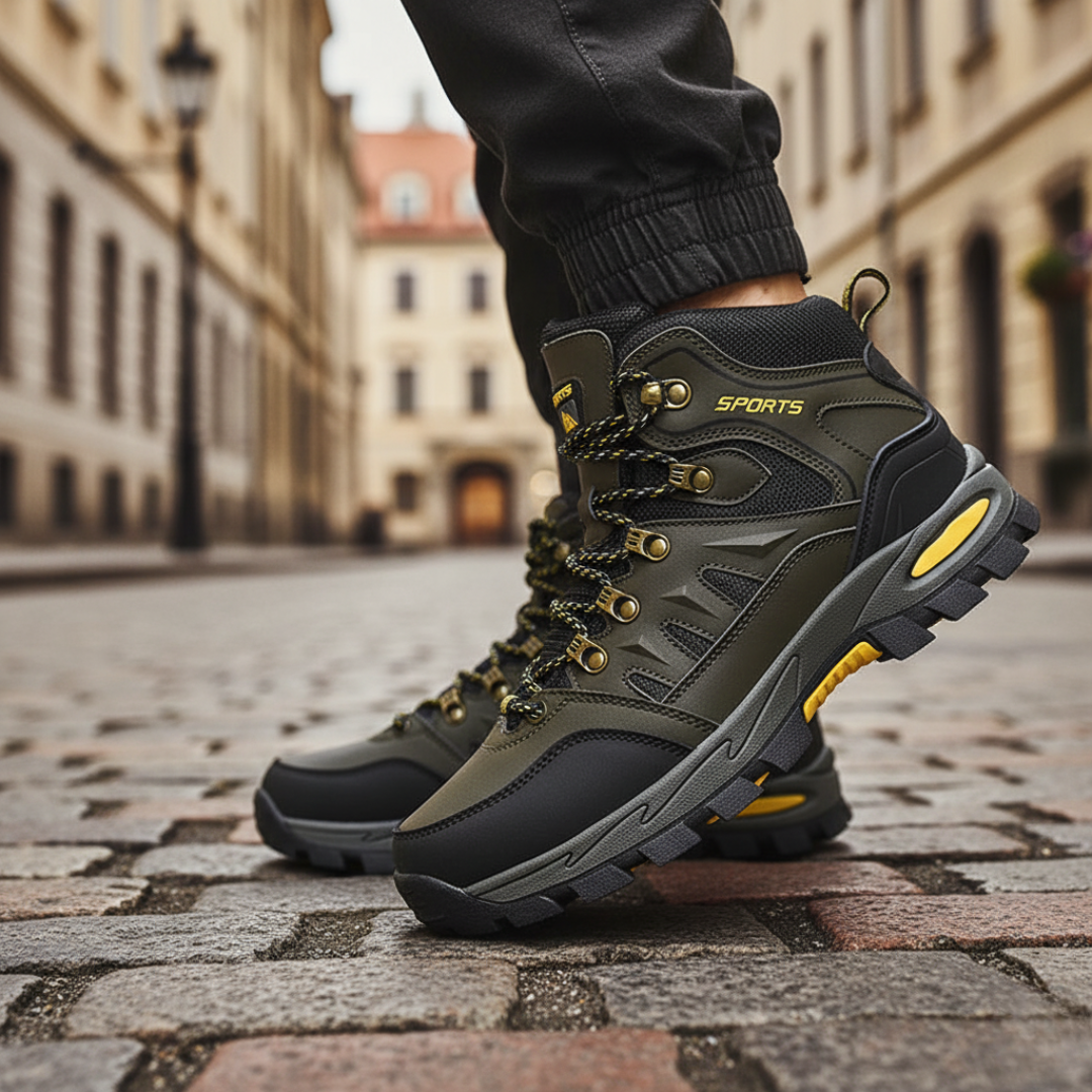 Men's waterproof lace-up hiking shoes with non-slip sole, durable outdoor trail footwear