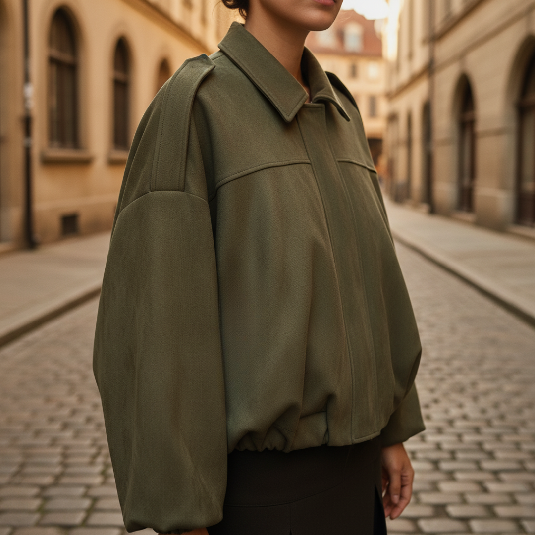 Oversized women's mixed fabric jacket loose-fit structured silhouette for professional layering