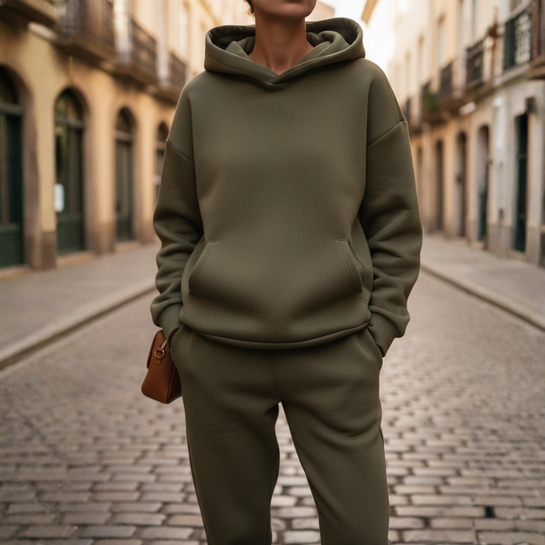 Women's hooded jumpsuit mixed fabric sporty-elegant relaxed fit tracksuit set with coordinated pants