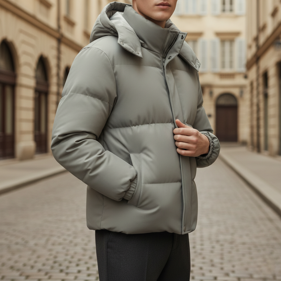 Men's lightweight hooded down jacket in durable polyester, casual fit with side pockets for winter warmth