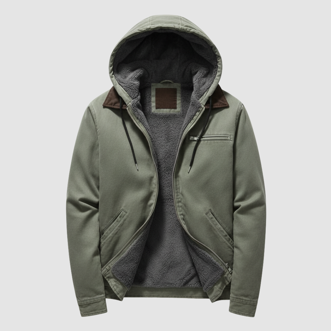 Men's hooded jacket warm lined interior front zip side pockets casual outdoor cold weather