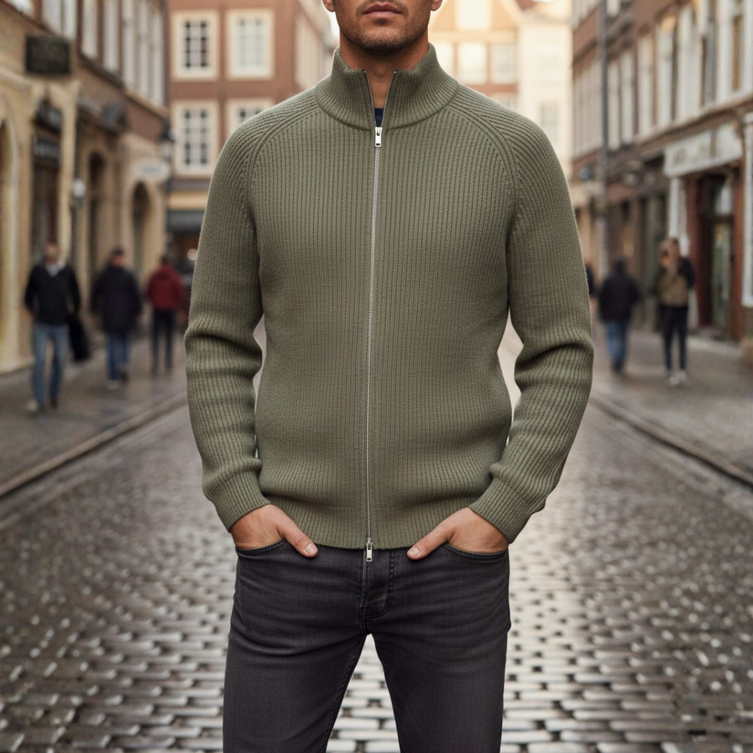 Men's full-zip cardigan soft yarn ribbed high collar warm breathable layering piece black green gray