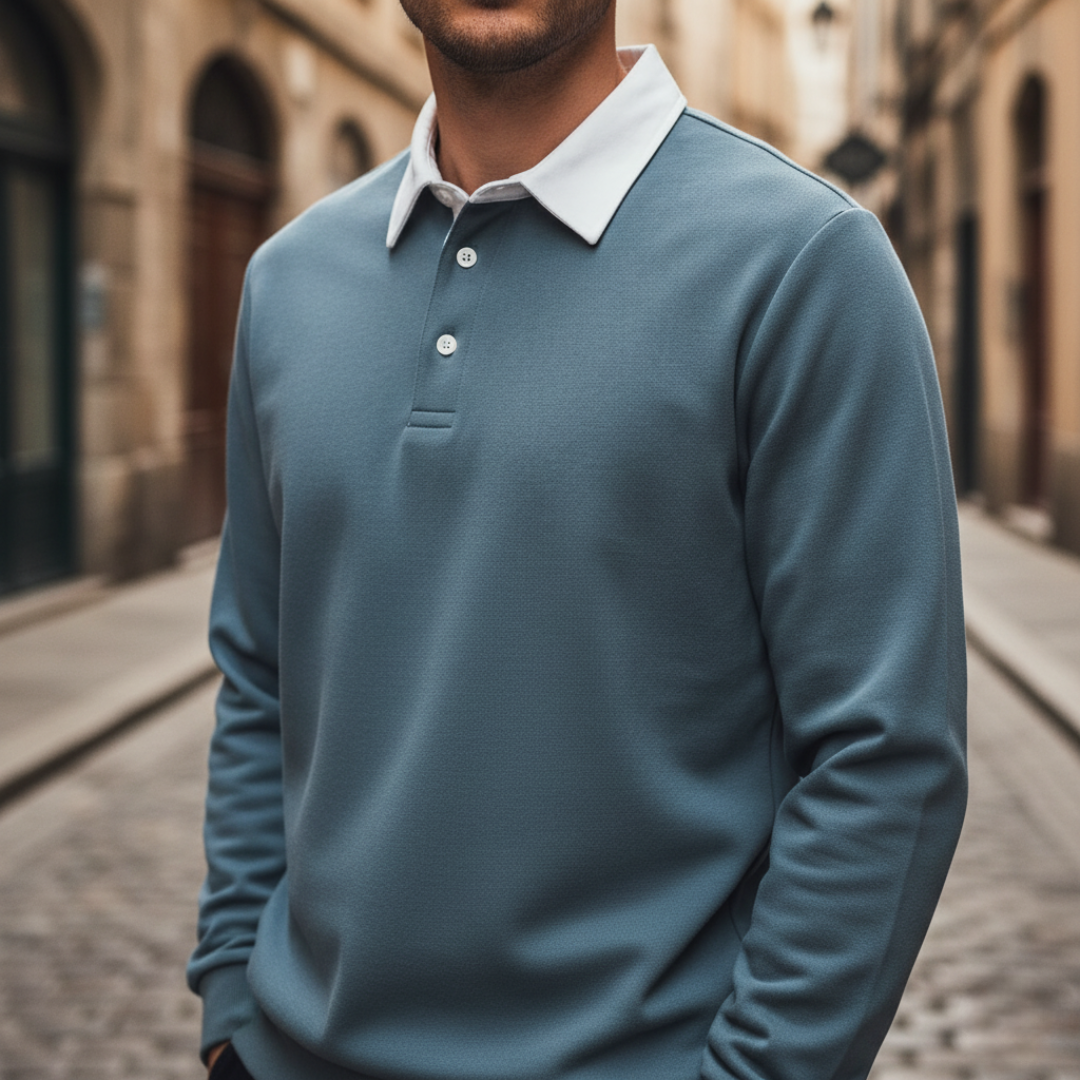 Men's polo sweatshirt soft fabric casual everyday comfort versatile style collar front closure