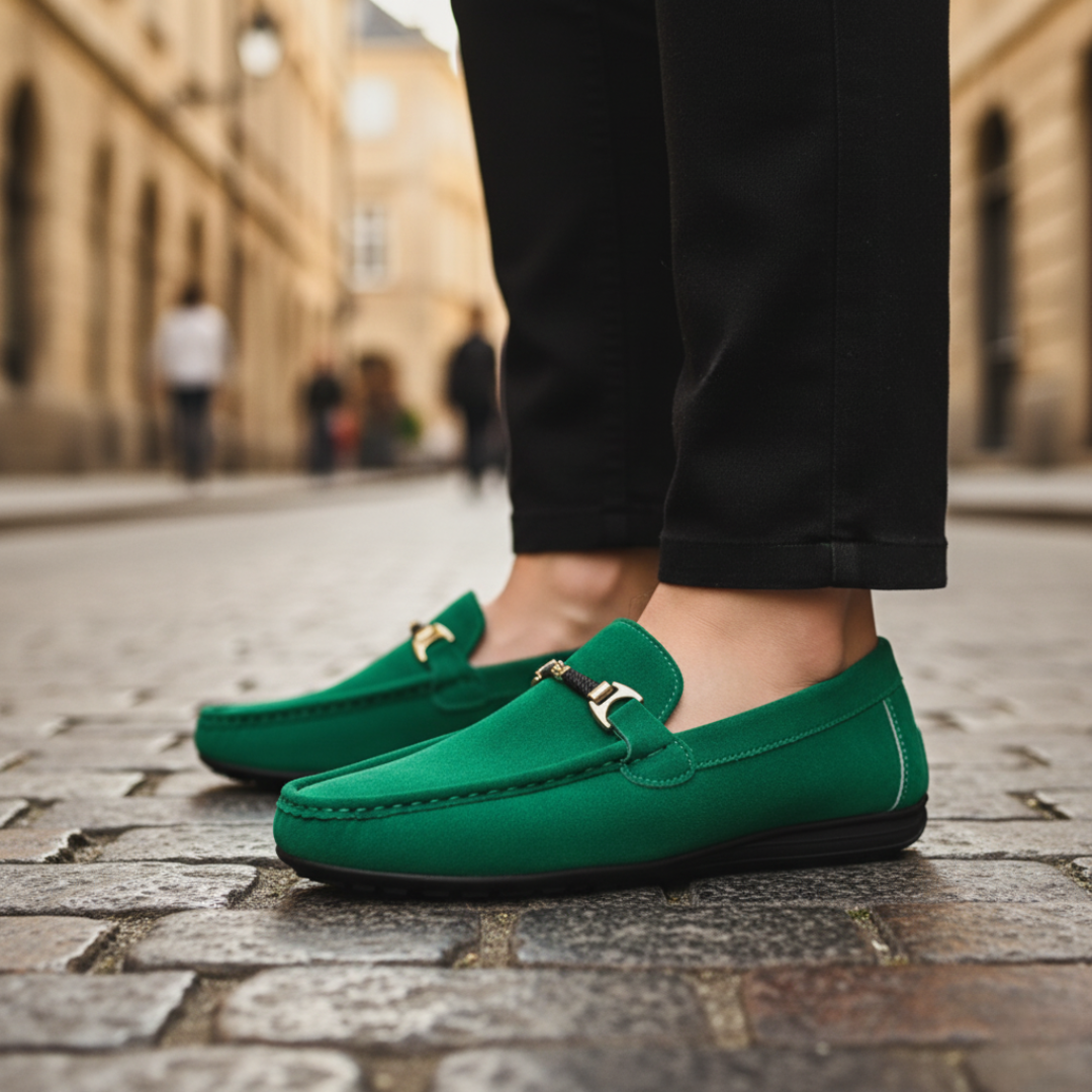 Men's leather moccasins with decorative buckle, available in seven colors for versatile everyday comfort