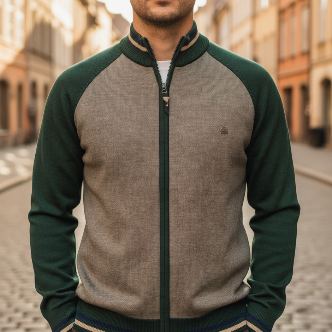 Men's navy blue zip-up polyester sweatshirt sporty cut with contrast striped cuffs and hem