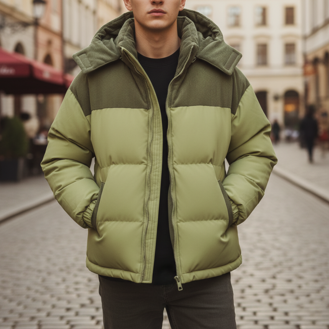 Men's windproof hooded puffer down jacket for outdoor adventures, durable cold-weather coat