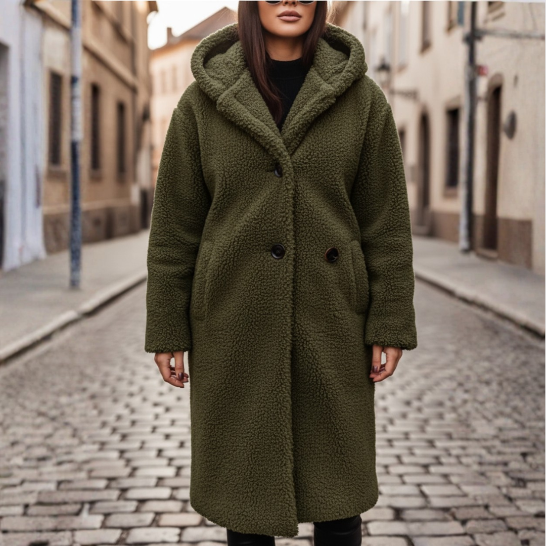 Women's faux fur hooded jacket warm elegant winter outerwear with front button closure