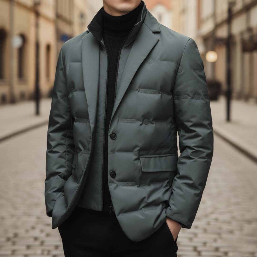 Men's padded casual jacket in black button closure long sleeve with side pockets for cold weather
