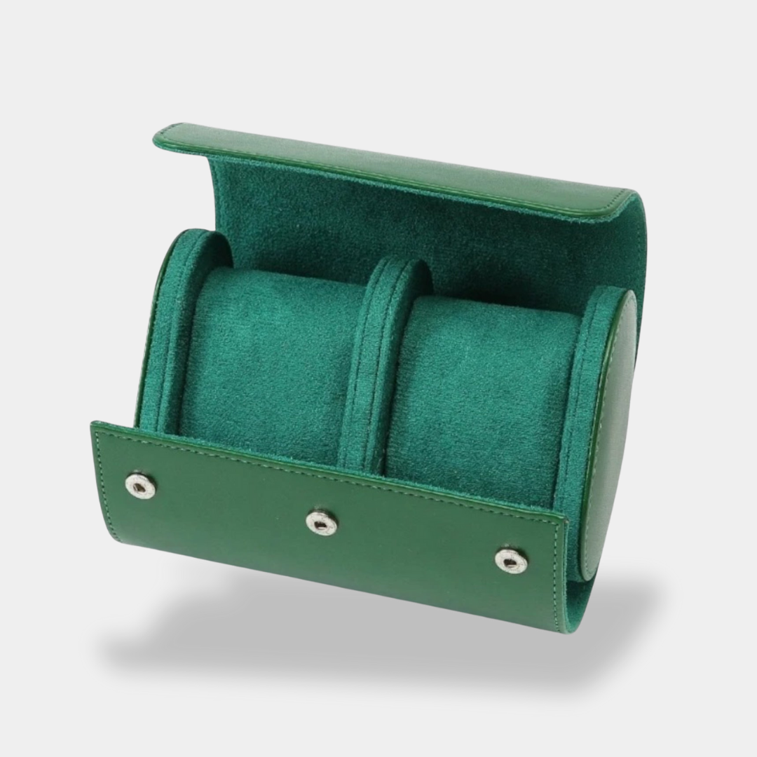Brown leather dual-compartment watch case with snap closure, ideal for collectors and travelers
