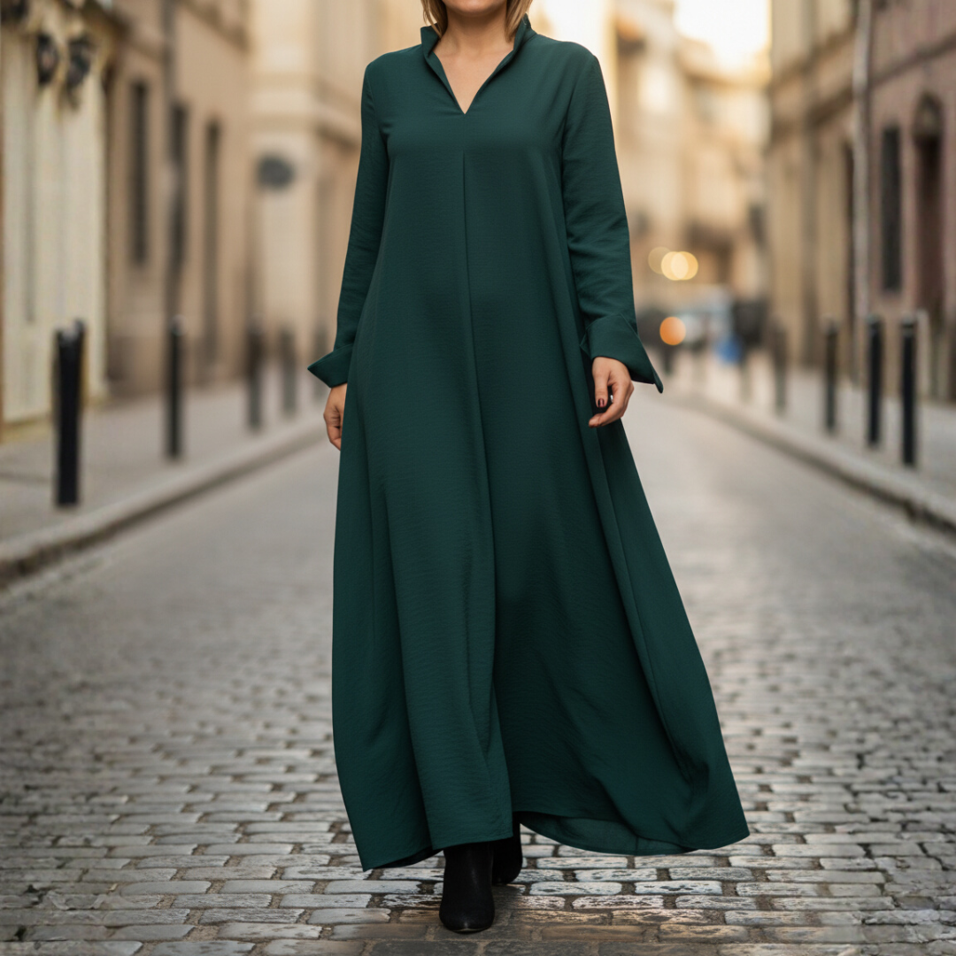 Women's long high neck casual dress in black with relaxed fit and convenient side pockets