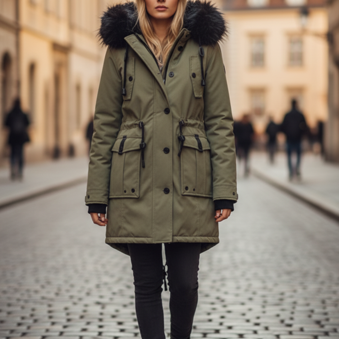 Women's hooded parka with synthetic fur hood, casual winter coat featuring zip-button closure and practical pockets