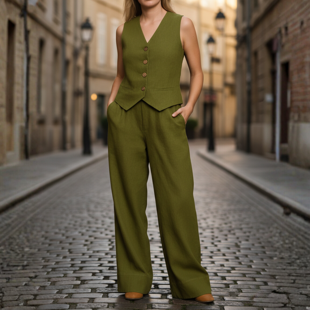 Elegant women's polyester office suit set with buttoned vest and classic-cut trousers for professional wear