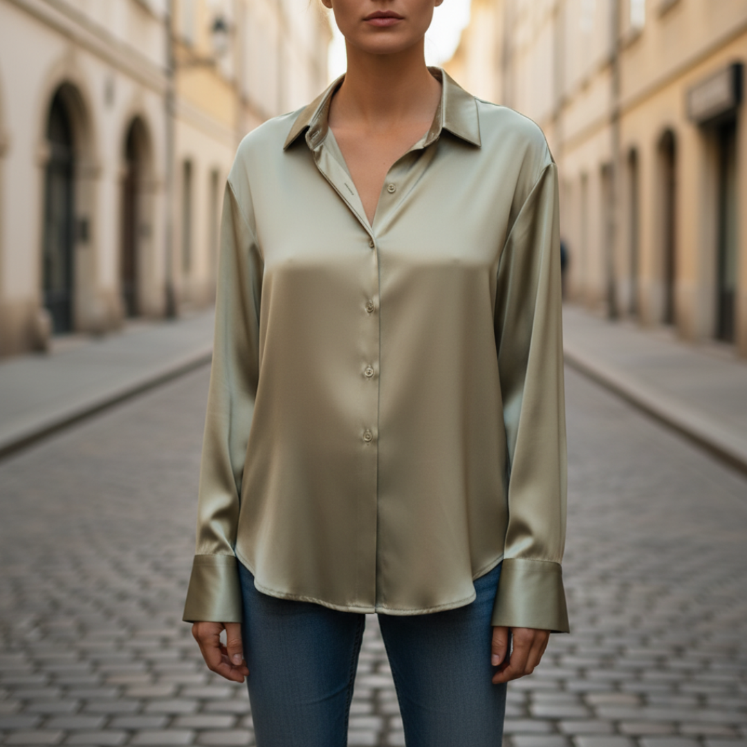 Women's satin button-up shirt in shiny finish, pointed collar, elegant slim-cut officewear blouse