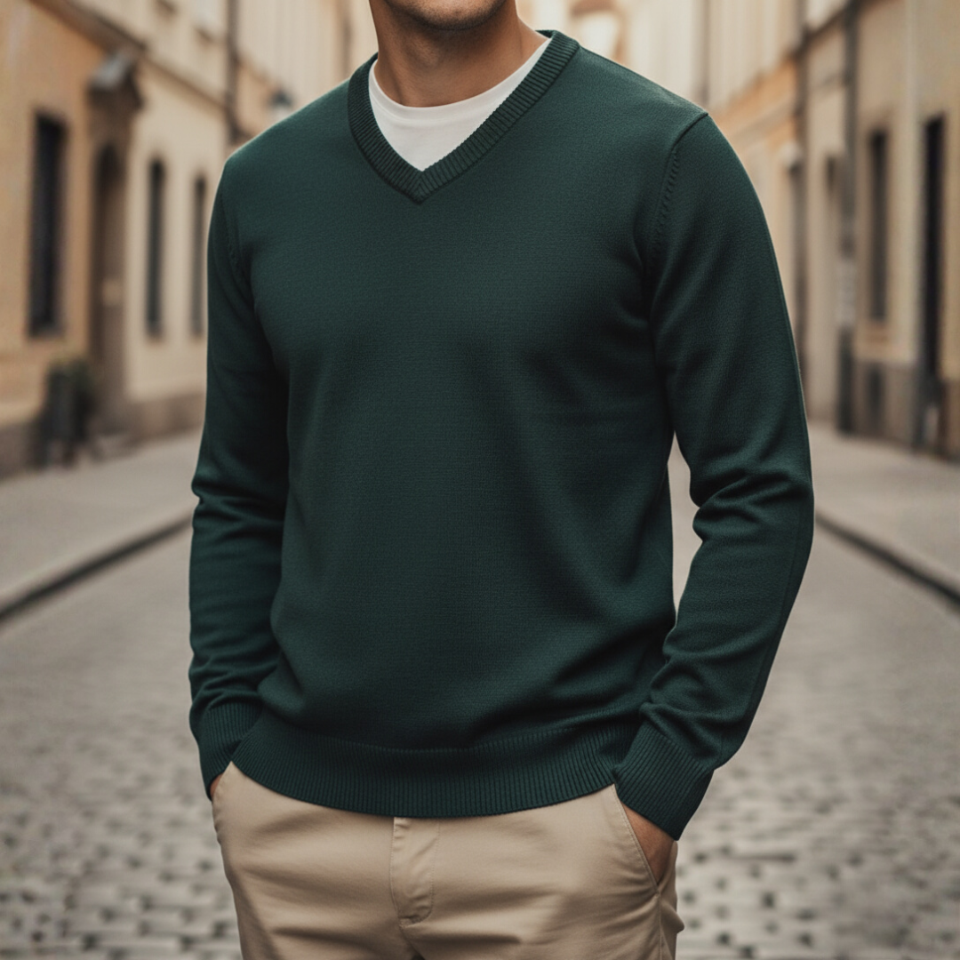 Men's sleeveless V-neck polyester sweater in green, gray, blue or red for casual and work wear
