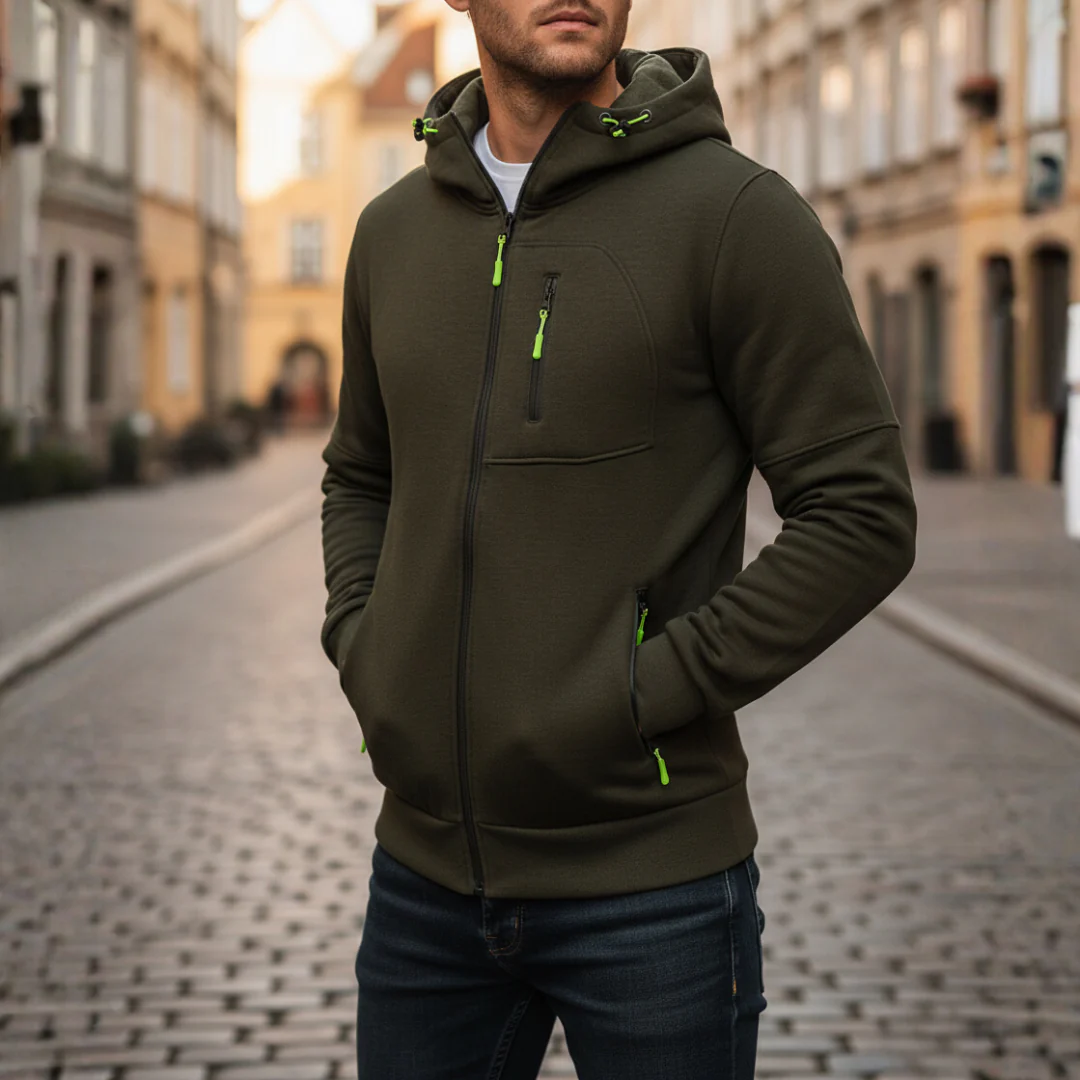 Men's black hooded jacket with zippered pockets, durable casual fit for everyday outdoor wear