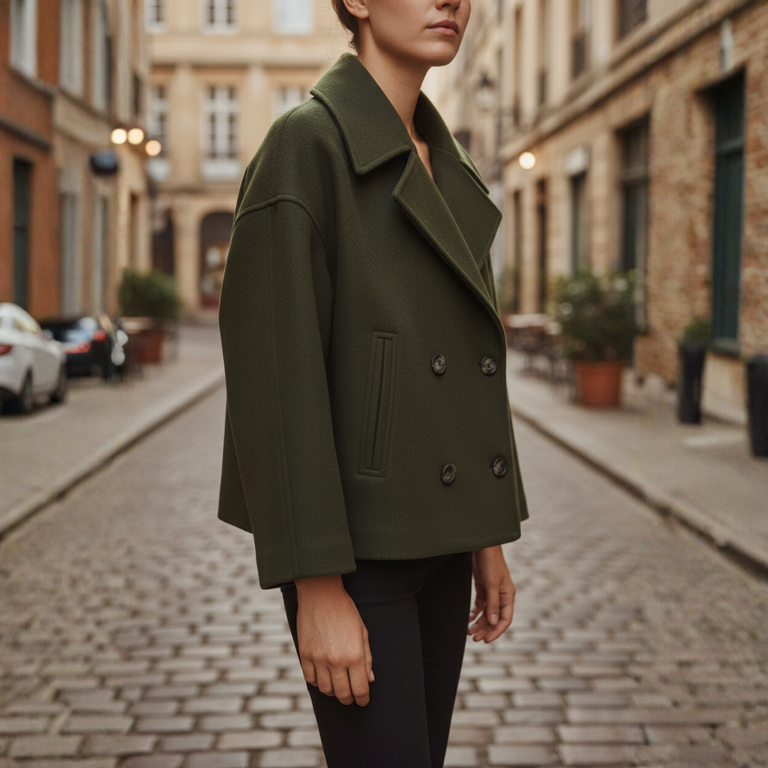 Women's short double-breasted jacket mixed material wide lapel structured modern silhouette everyday essential