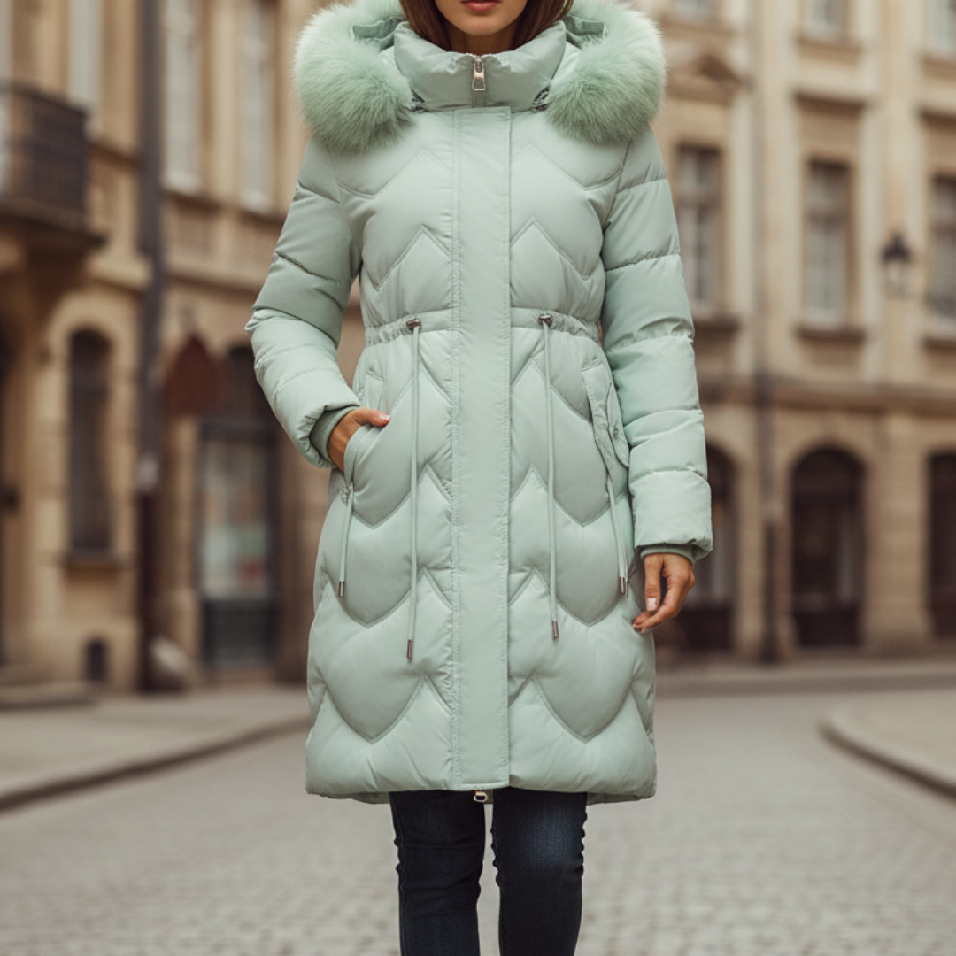 Black waterproof women's down jacket with fur-trimmed hood, slim winter silhouette
