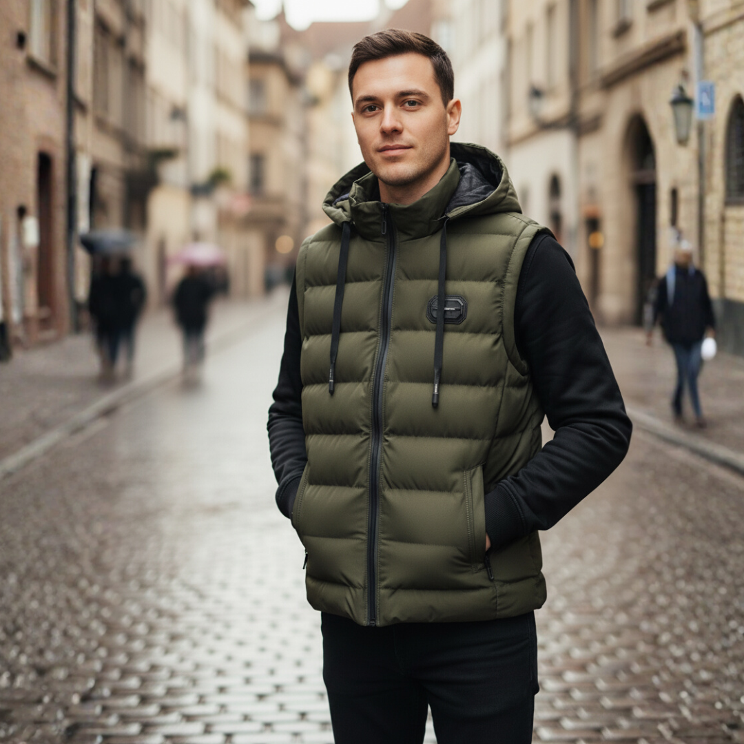 Men's gray hooded down vest lightweight sleeveless polyester outerwear with thermal warmth