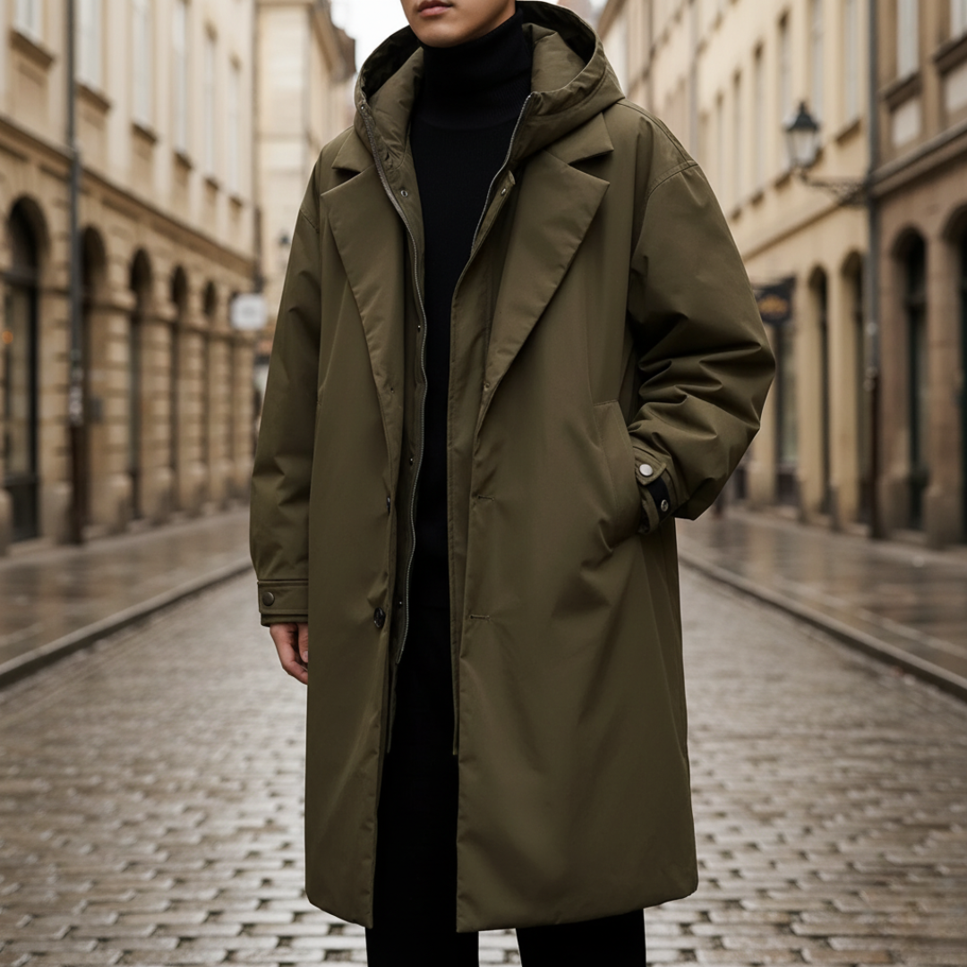 Men's waterproof hooded coat in black and green, windproof outdoor outerwear with adjustable hood