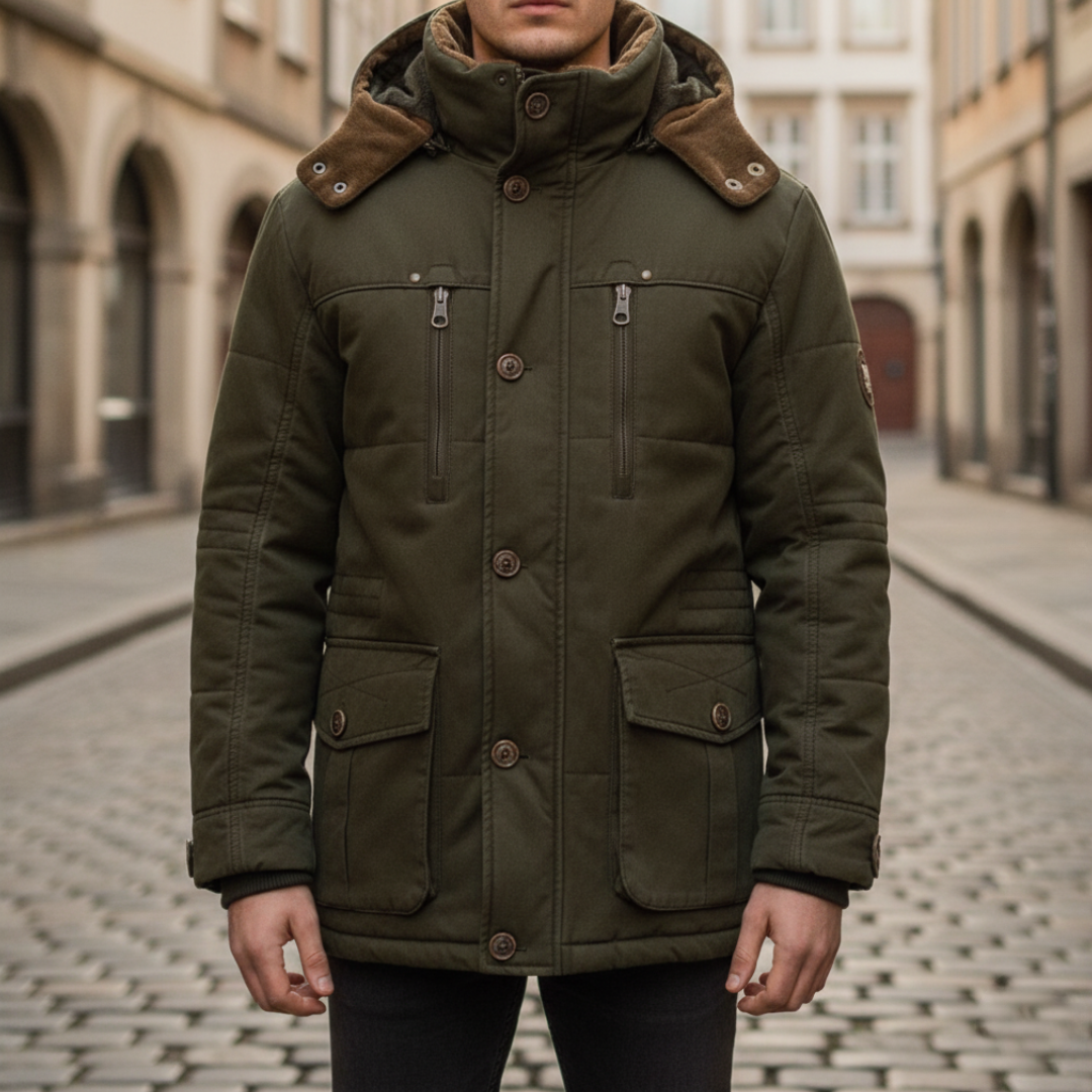 Men's waterproof hooded jacket with fur lining, side pockets, winter warmth, modern fit