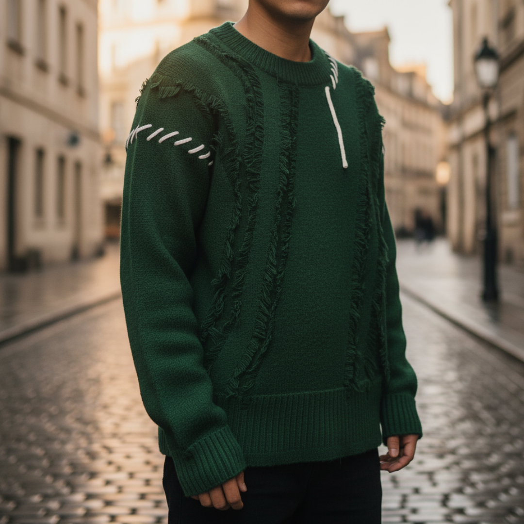 Men's fringe sweater modern cut black green gray white casual knit distinctive side fringe detail