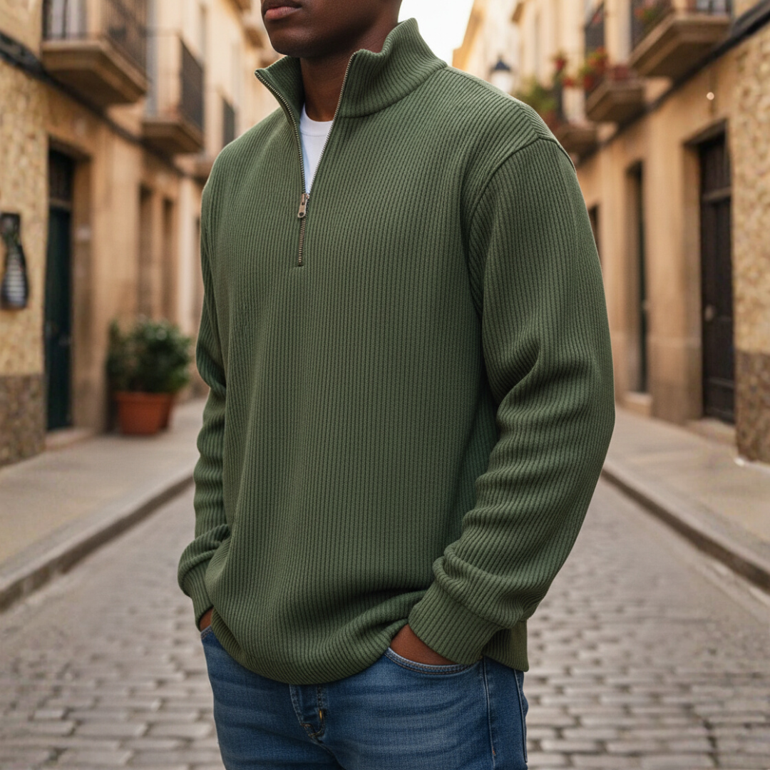 Men's high neck zip ribbed knit sweater casual everyday comfort soft durable autumn winter style