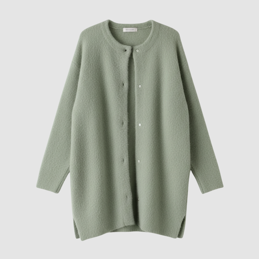 Women's oversized fuzzy knit cardigan with front button closure, collarless cozy brushed finish