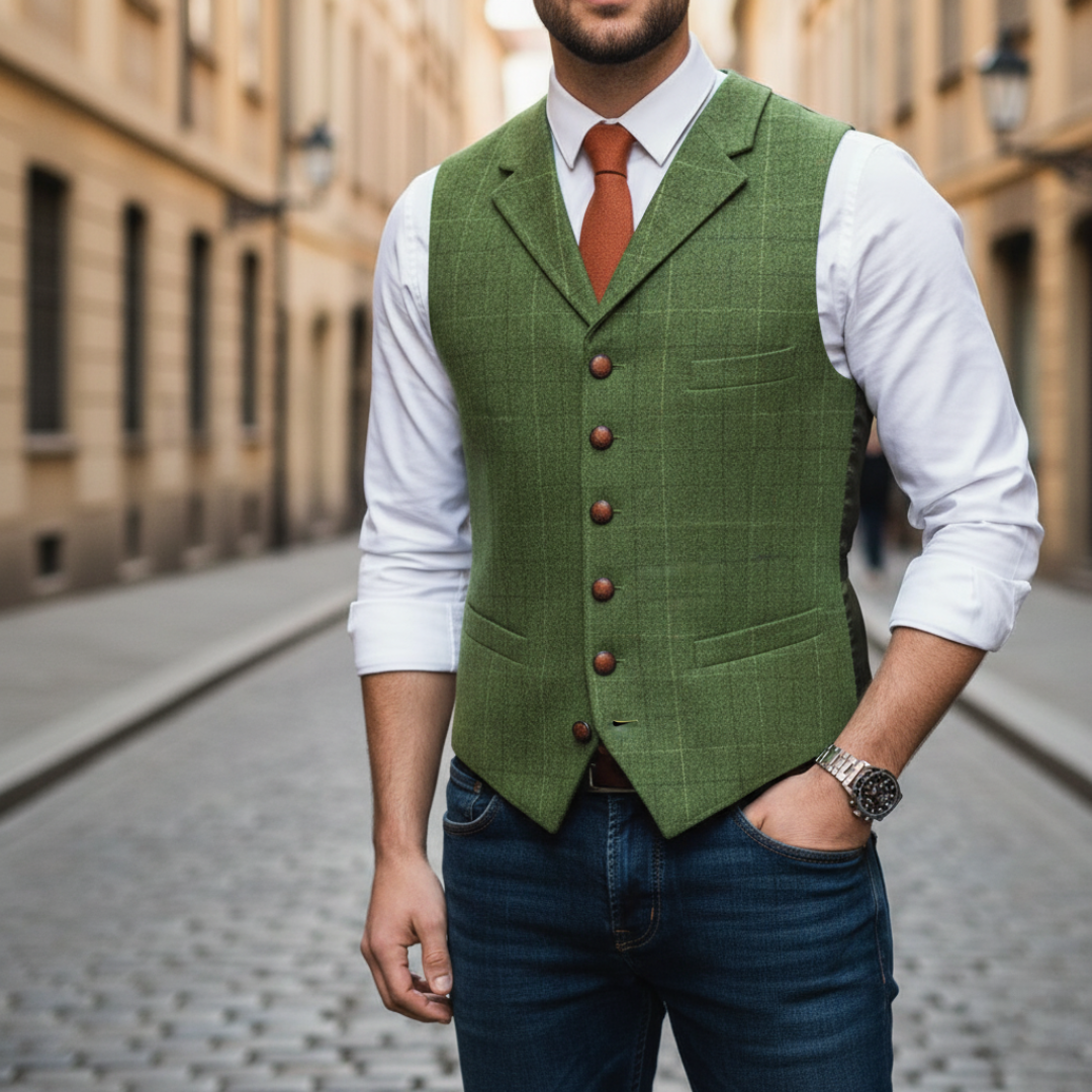 Men's checkered single-breasted formal vest tailored fit with adjustable back buckle