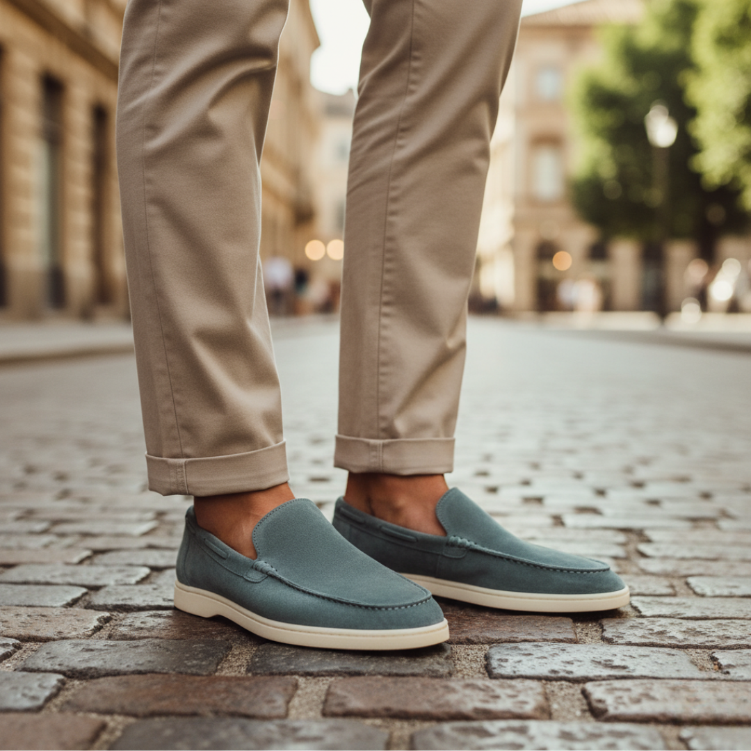 Men's suede slip-on moccasin loafers with rubber sole, solid color, casual comfort everyday wear