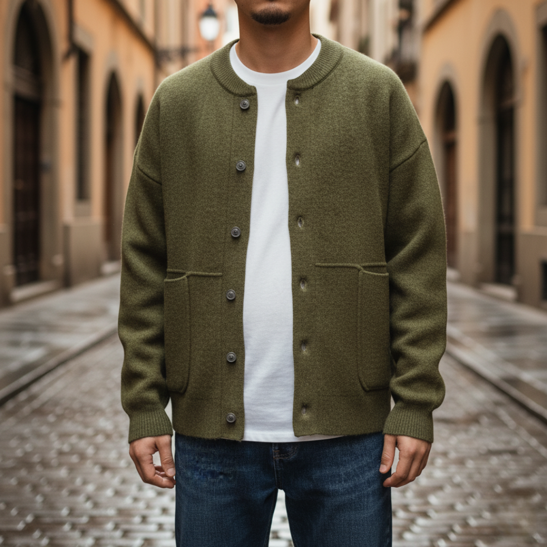 Men's wool cardigan in olive beige and black button-front closure cozy casual everyday warmth