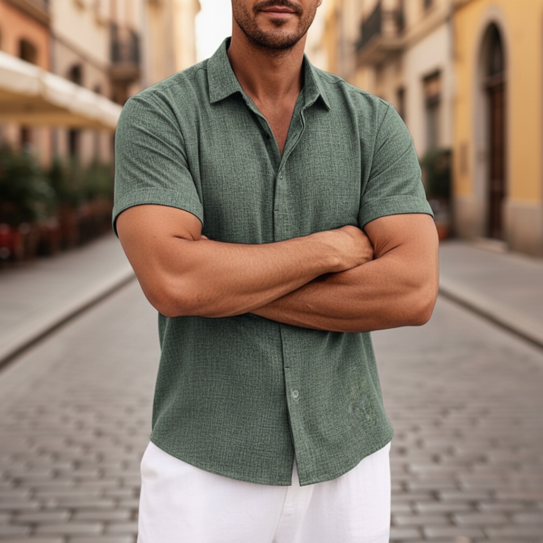 Men's short sleeve casual shirt lightweight breathable blended fabric subtly textured weave everyday comfort