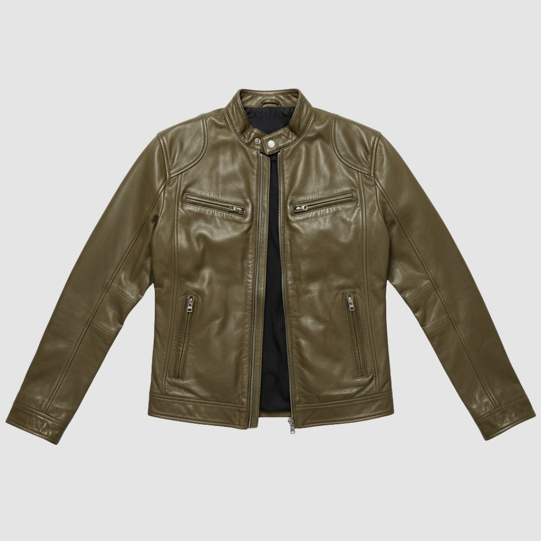 Men's black leather jacket elegant slim cut zip closure multiple pockets modern style