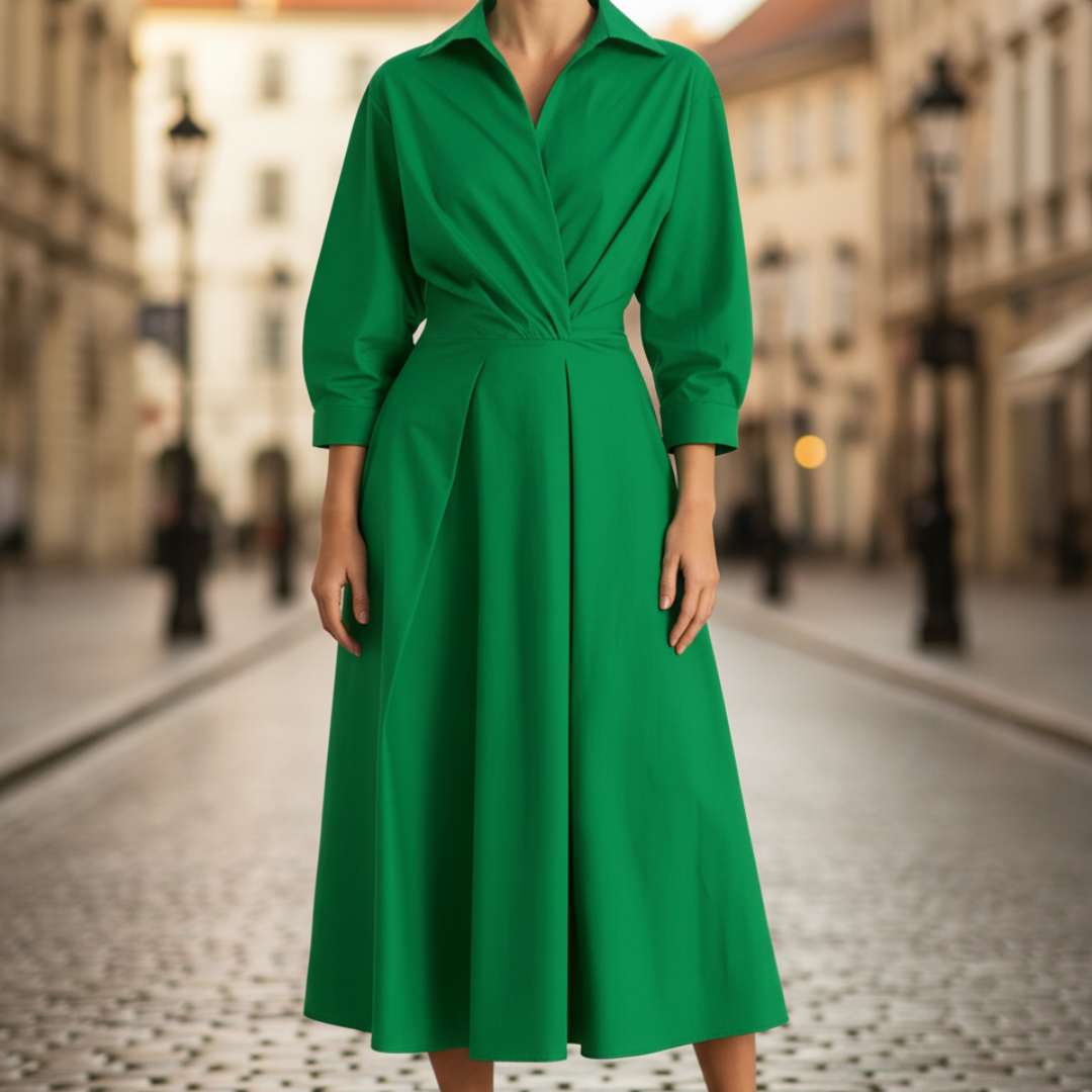 Women's collared long-sleeve dress in elegant cut, relaxed silhouette for formal or casual everyday wear