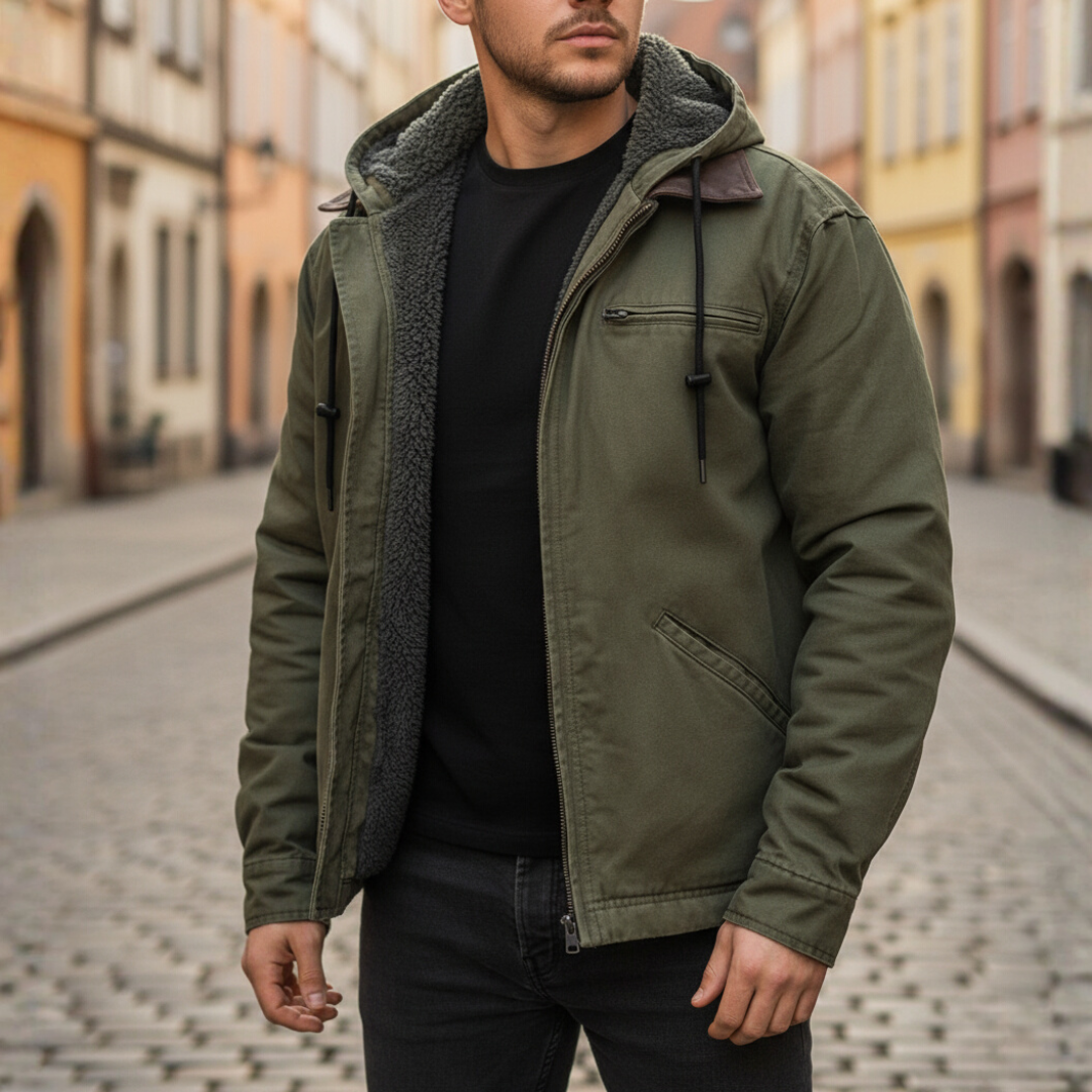 Men's winter jacket with soft fur lining, durable cold-weather fabric, versatile casual outdoor style