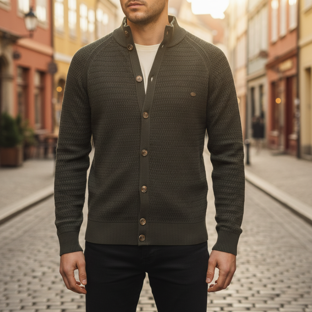 Men's soft yarn button-front cardigan with structured high collar for all-season breathable comfort