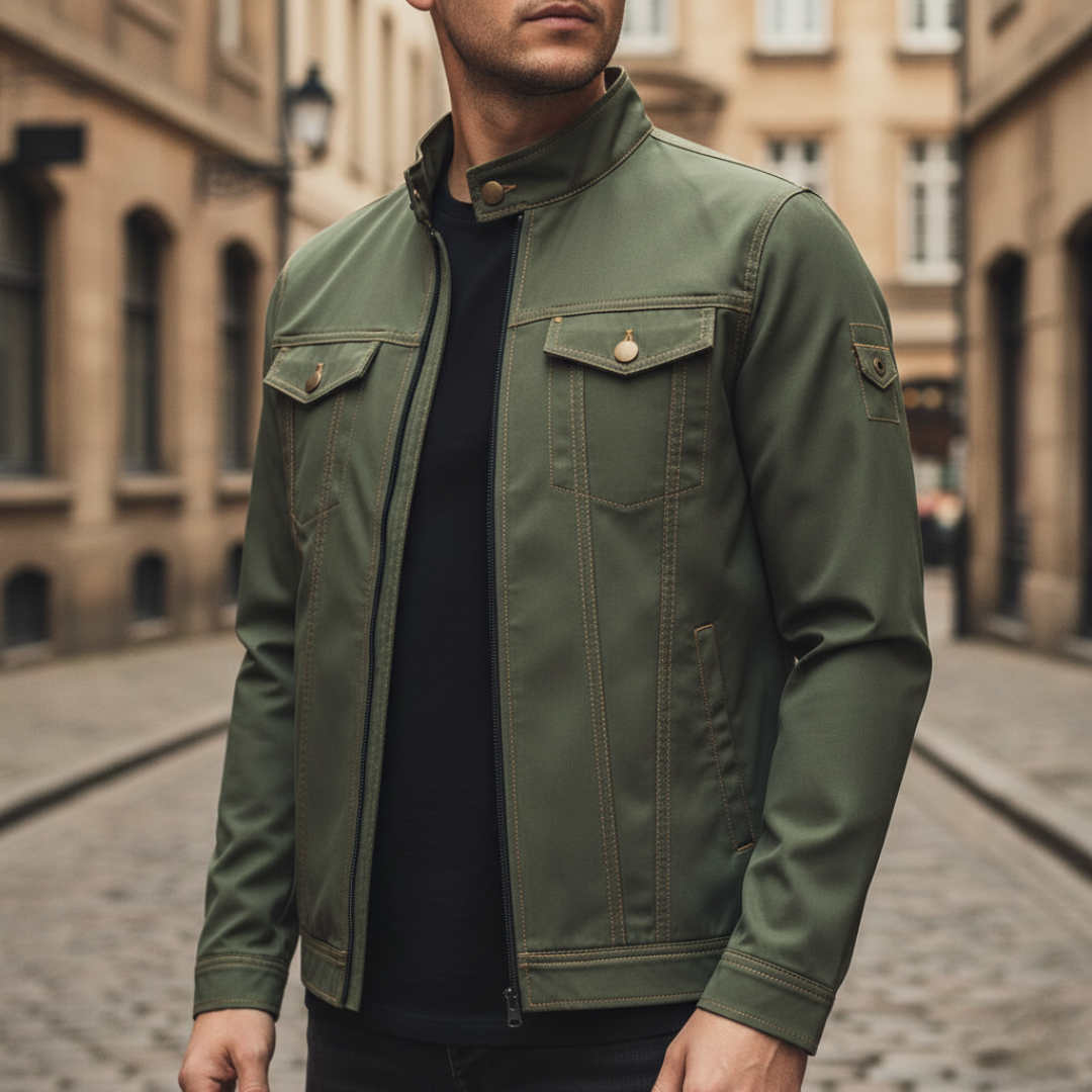 Men's casual polyester jacket in green and brown with practical pockets for all-season everyday wear