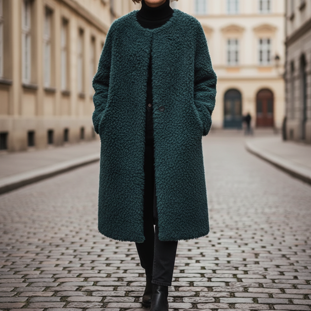 Women's loose fit synthetic fur coat in brown green gray pink with side pockets warm winter style