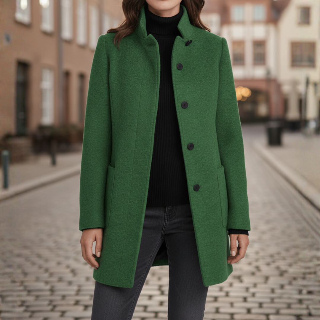 Women's polyester winter coat with black buttons, side pockets, versatile silhouette for casual or formal wear