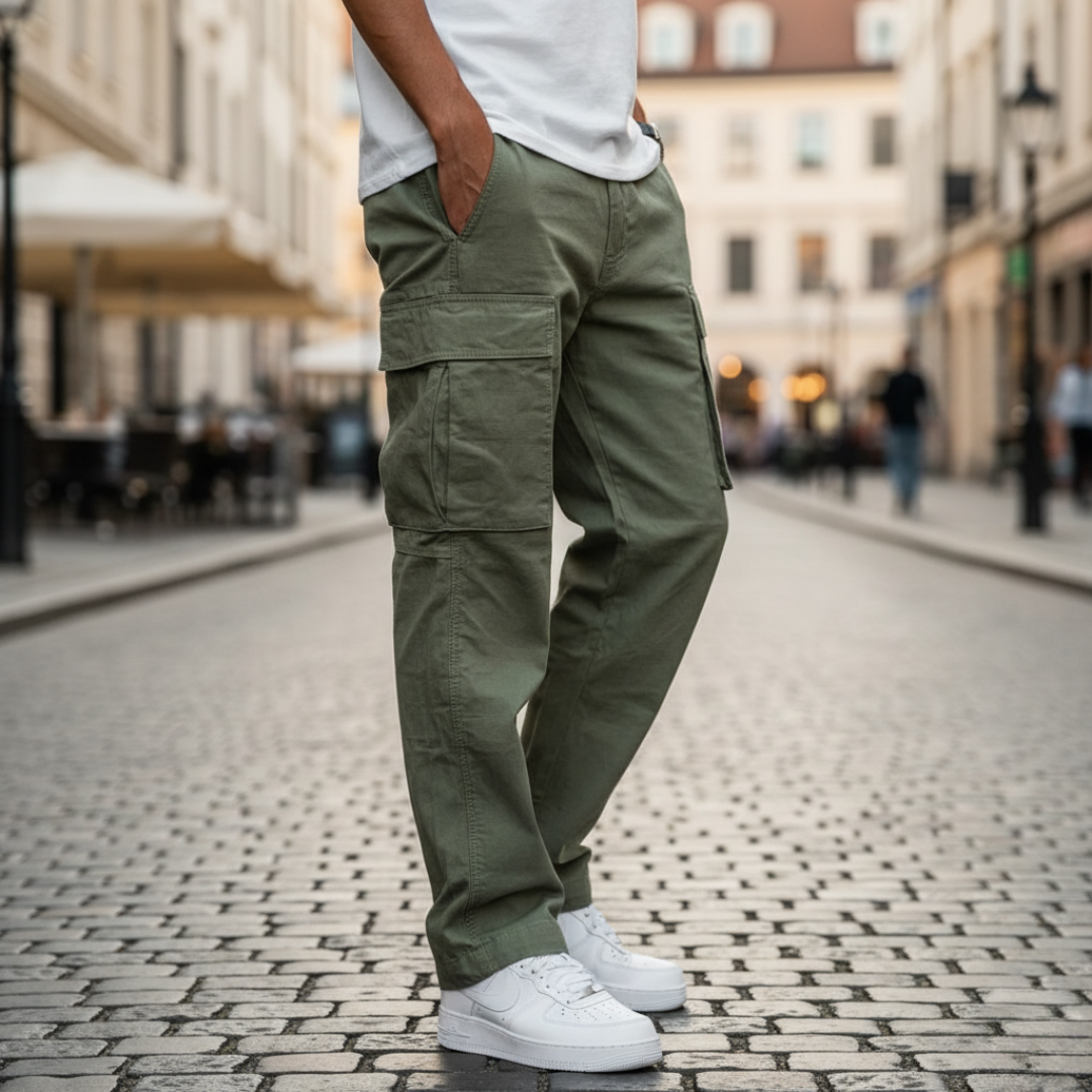Men's olive green cargo pants lightweight polyester relaxed fit with multiple functional side pockets