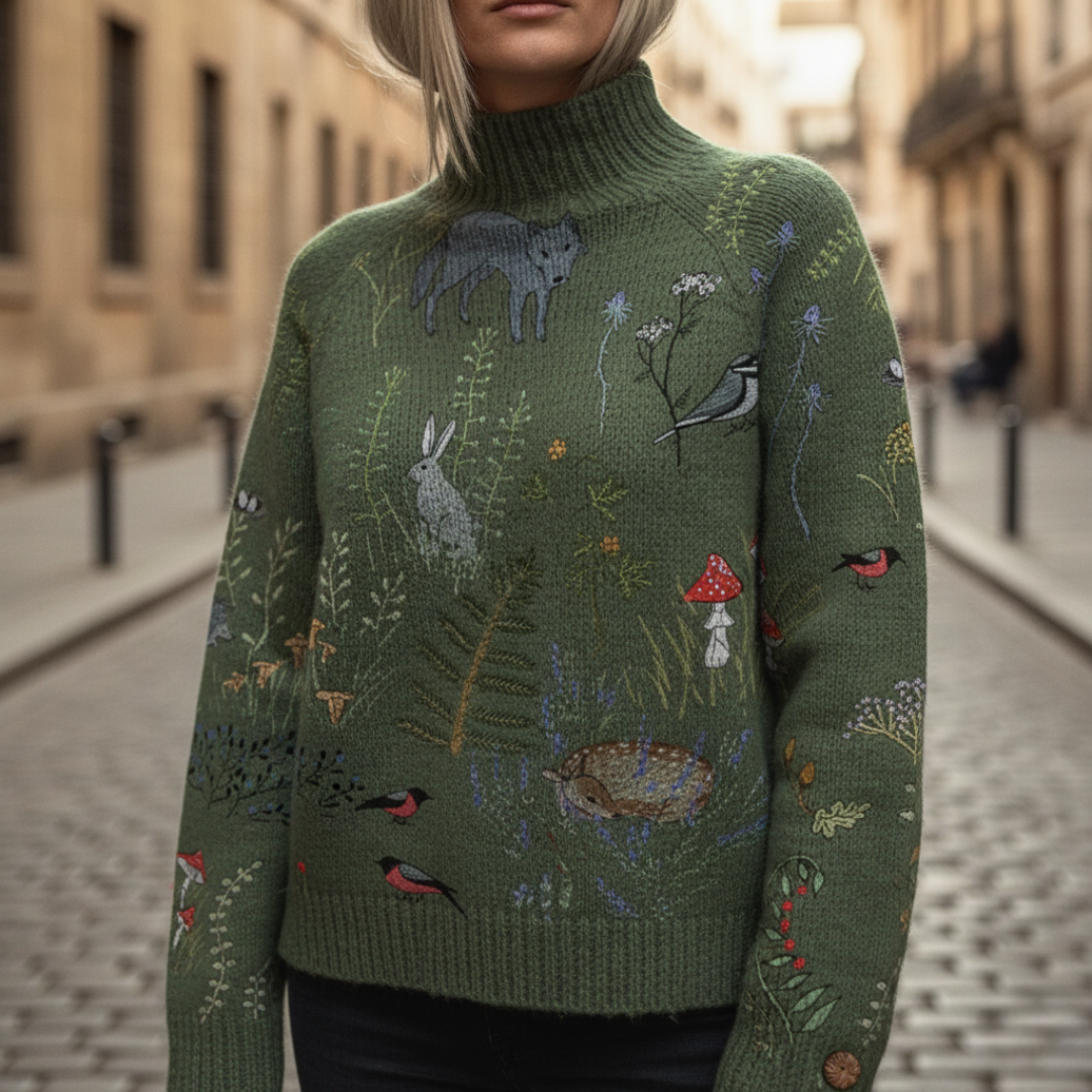 Women's multicolor turtleneck sweater blue-green cozy knit with pearl button cuffs for winter warmth